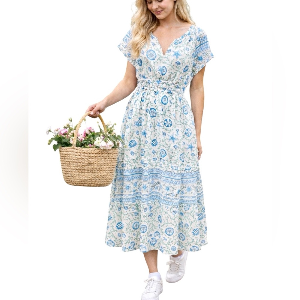 Laura Ashley Linen Blend Midi Dress L Cottagecore Starfish Seashells Coastal